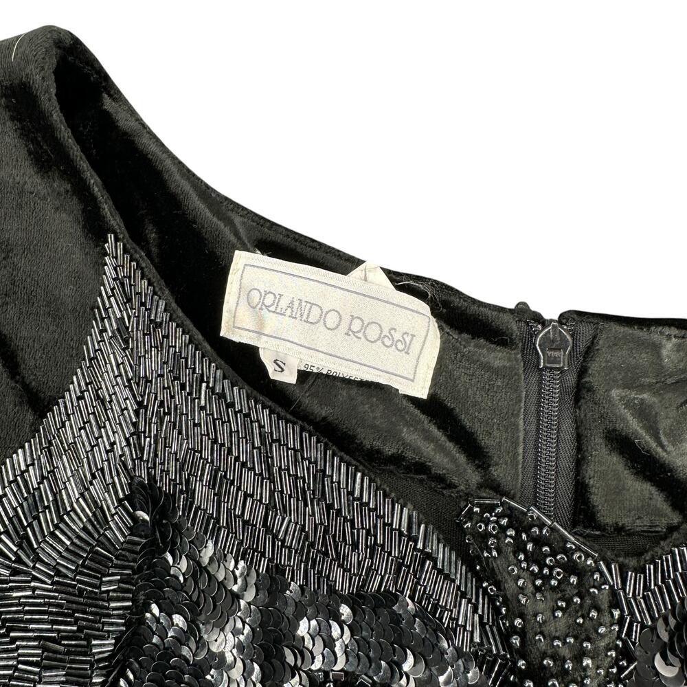 Orlando Rossi Vintage Black Velvet Midi Dress Beaded Sculpted Neck Small 90s - Picture 6 of 7